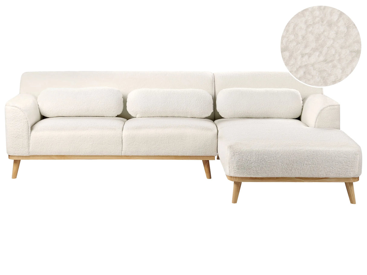 Left Corner Sofa White Boucle Upholstered Finished Back Wooden Legs Beliani