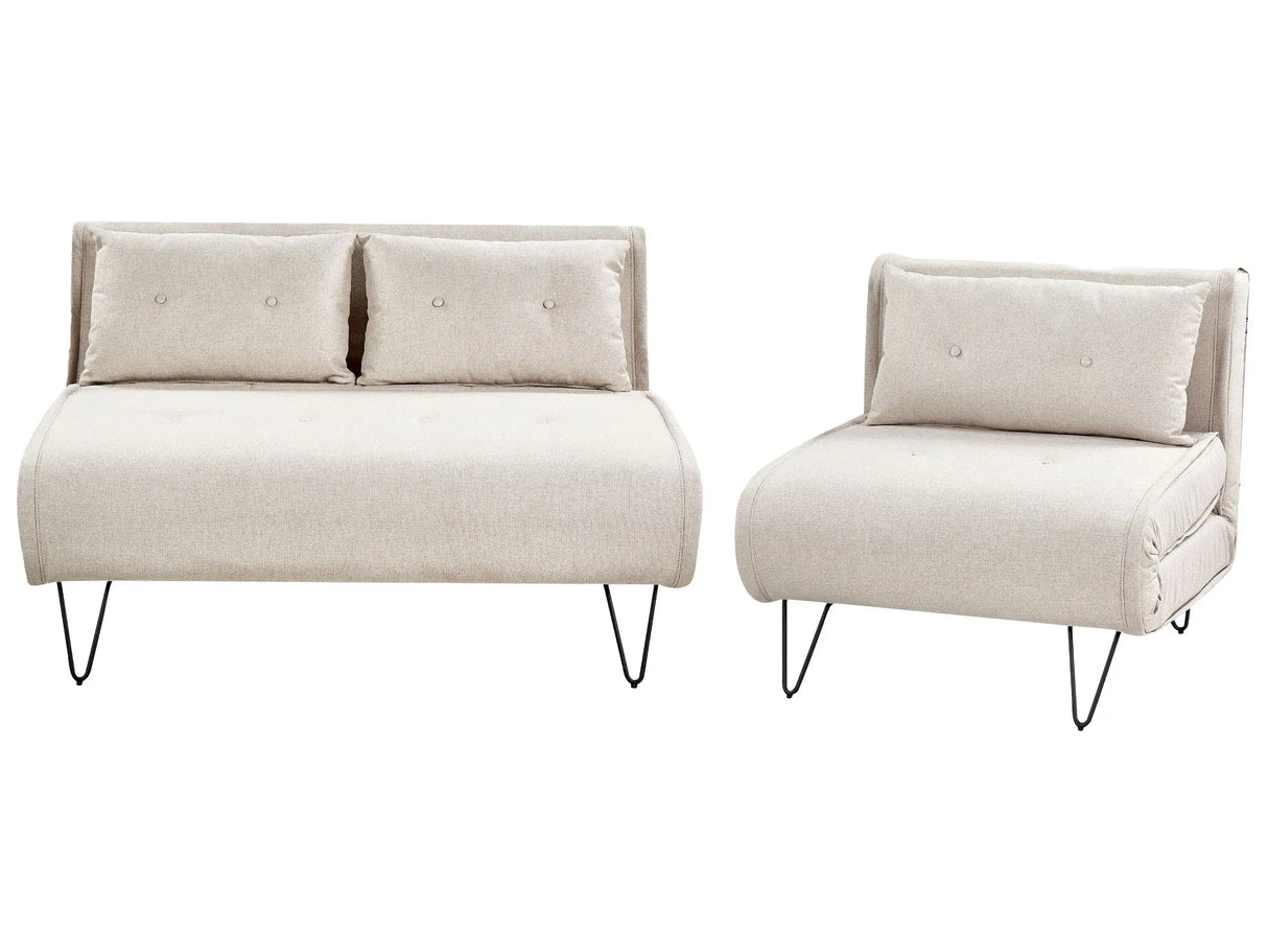 Living Room Set Light Beige Fabric Single and 2 Seater Sofa Bed with Cushions Metal Hairpin Legs Glamour Beliani