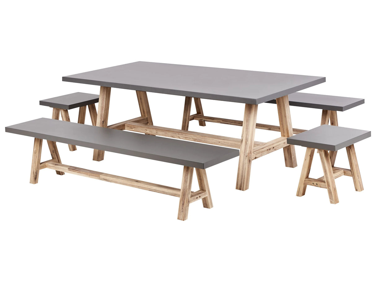 Outdoor Dining Set Grey Fibre Cement Light Acacia Wood 8 People Table 2 Benches 2 Stools Industrial Design Beliani
