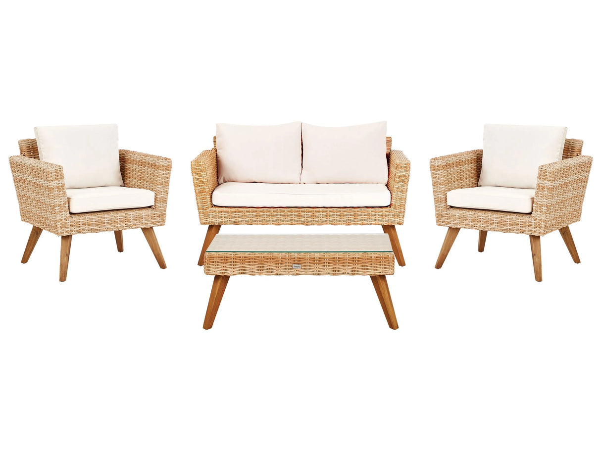 Patio Set Off-White Rattan 2 Seater 2 Chairs Grey Cushions Outdoor Country Beliani