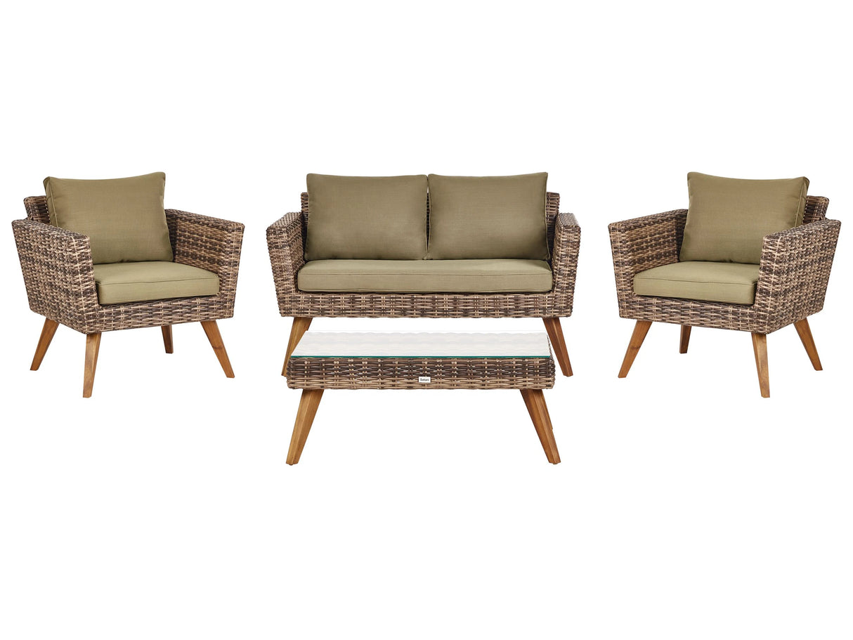 Patio Set Olive Green Rattan 2 Seater 2 Chairs Grey Cushions Outdoor Country Beliani