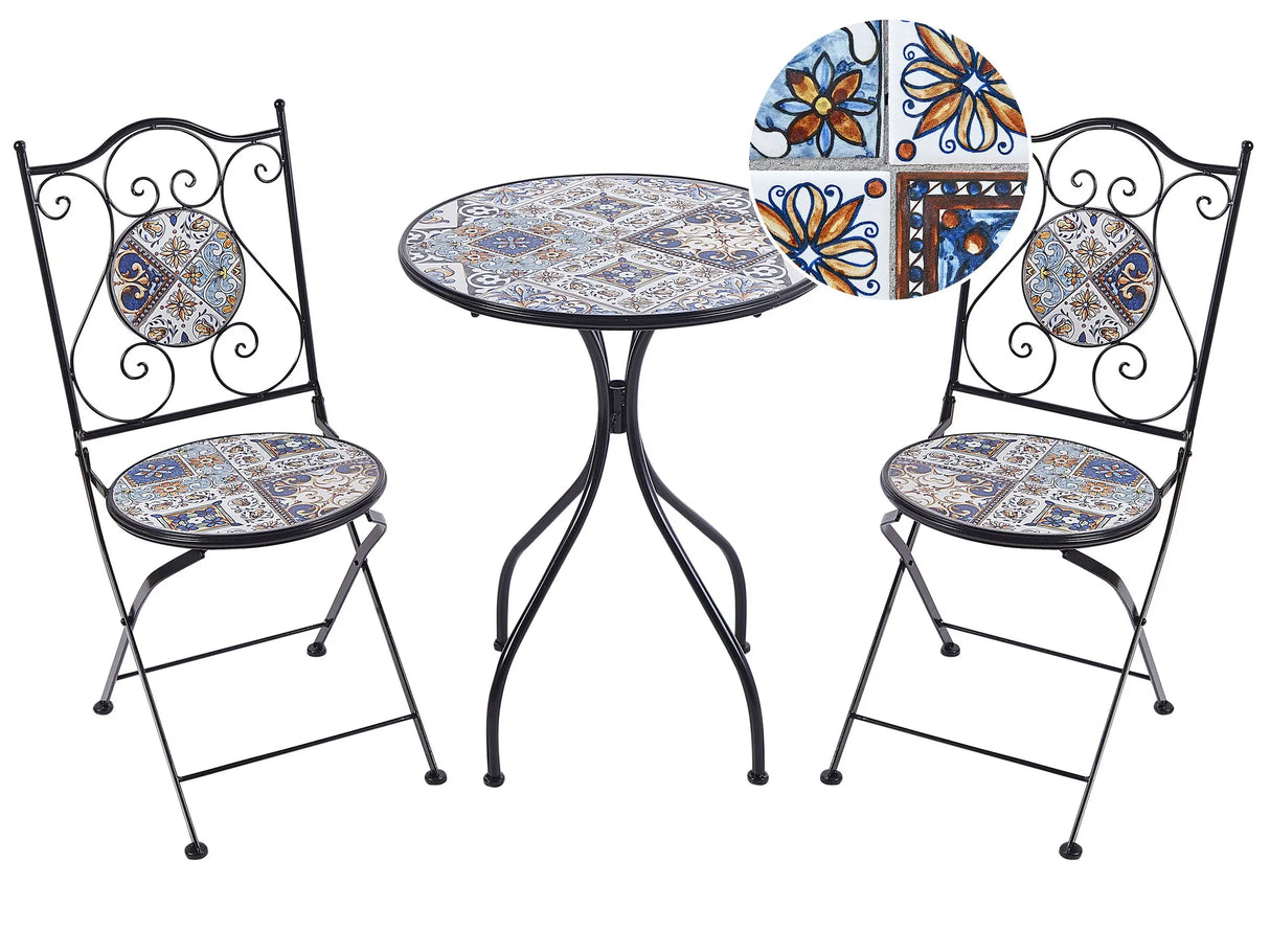 Outdoor Garden Bistro Set Black Metal Iron Frame Mosaic Tiles Pattern Table Chairs Vintage Style Outdoor Beliani