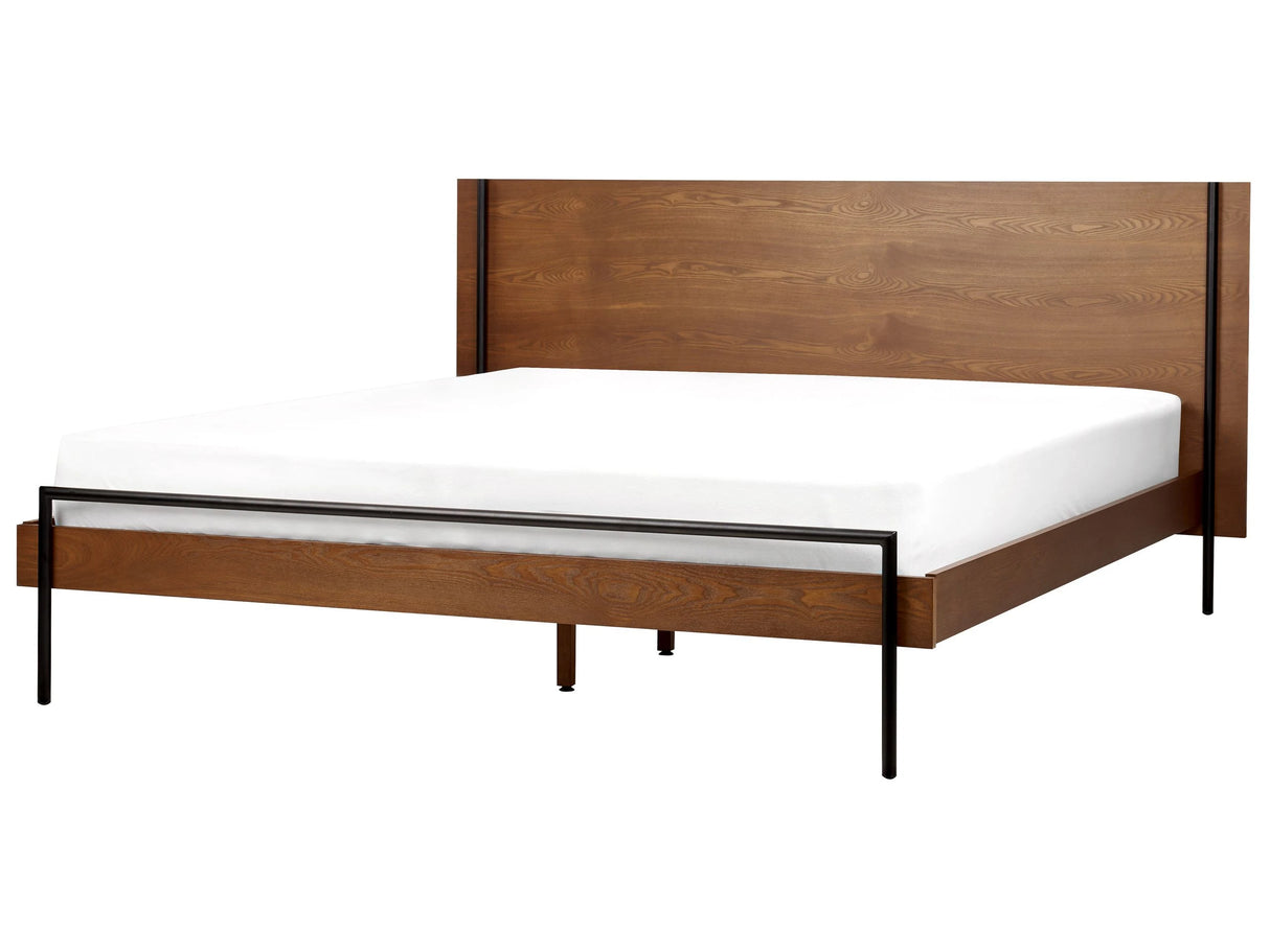 EU Super King Size Bed Dark Ash Wood MDF 6ft Frame with Headrest and Slatted Base Metal Black Legs Beliani