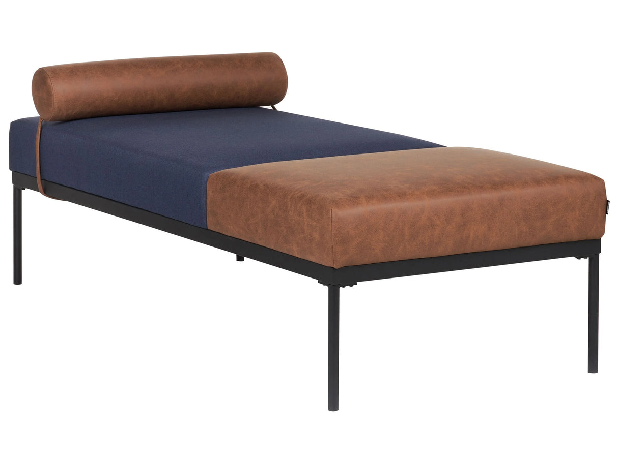 Chaise Lounge Dark Blue and Brown Faux Linen Faux Leather Iron Black Legs Living Room Furniture Beliani