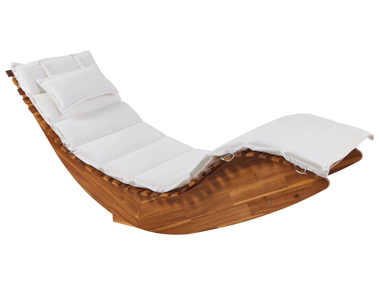 Sun Lounger Light Acacia Wood Slatted Design Rocking Feature Curved Shape with Off-White Seat Cushion Beliani