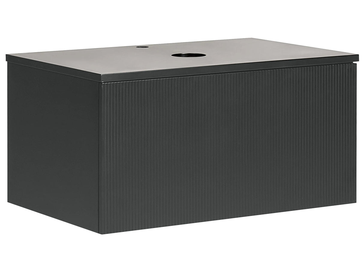 Wall Mounted Bathroom Cabinet Black MDF Body 80 x 52 cm Fluted Front with 1 Drawer Pre Cut Hole Beliani