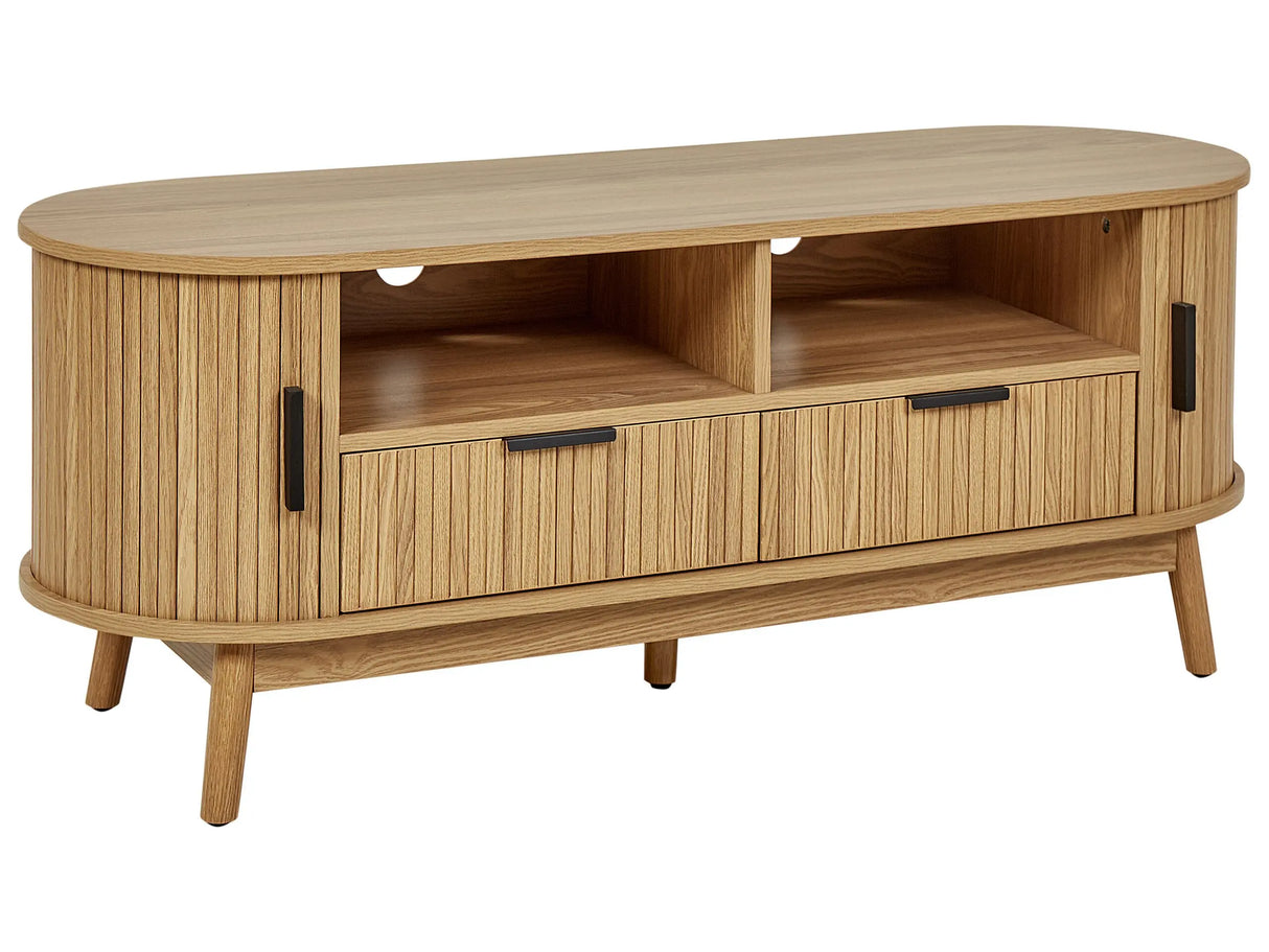 TV Stand Light Wood Solid Wood Legs MDF 2 Sliding Doors 2 Drawers 2 Shelves Cabinet Living Room Beliani