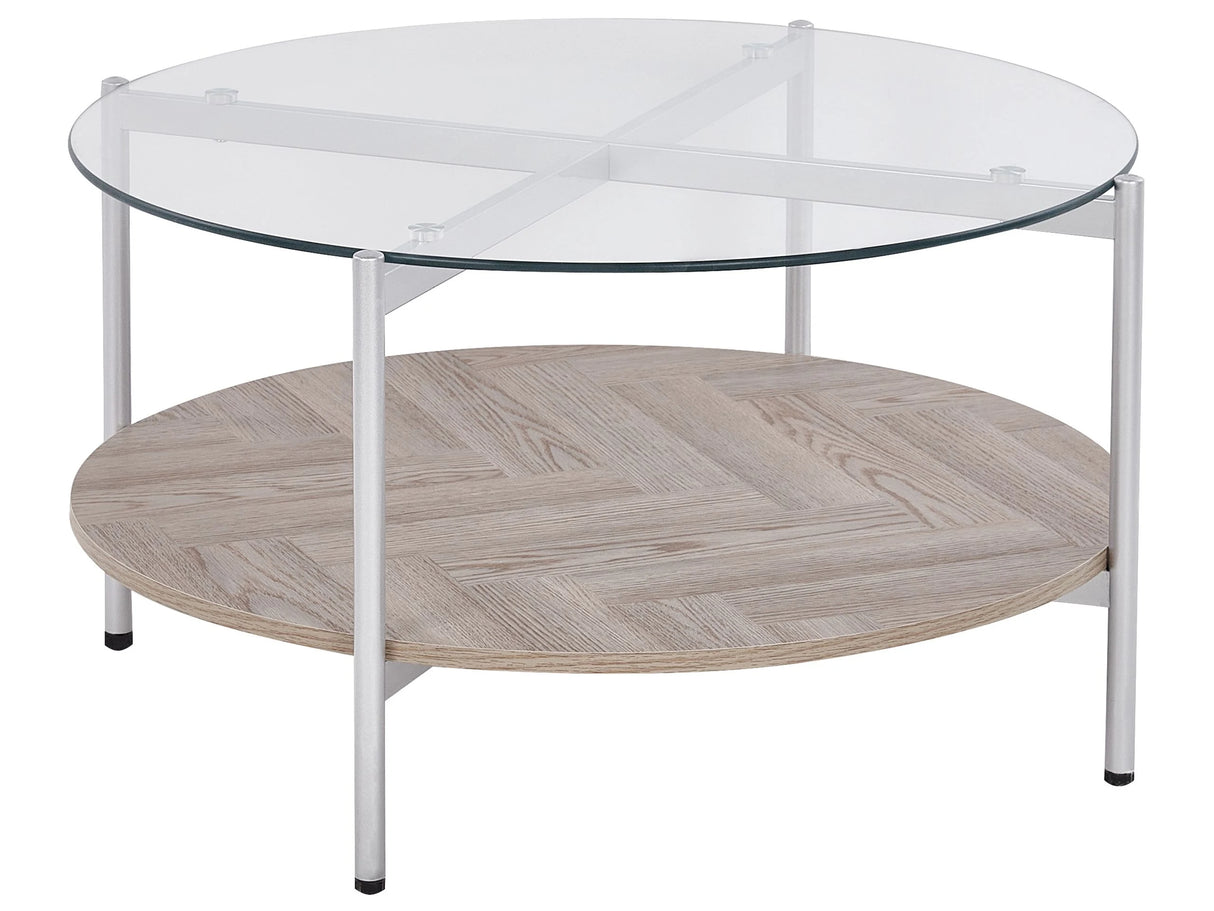 Coffee Table Silver with Light Wood Glass Top Round Metal Frame 80 cm Shelf Modern Design Beliani