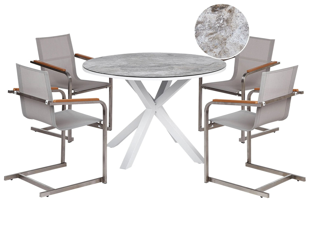 Garden Dining Set White and Grey Aluminium Stainless Steel Ceramic Glass Table Top with Marble Effect 4 Seater Outdoor Furniture Modern Beliani