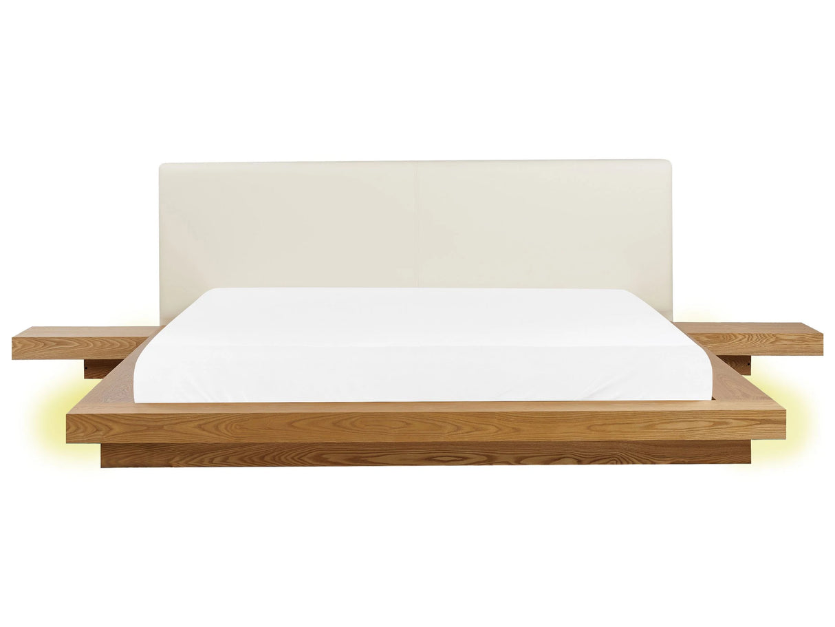 Japan LED Bed Frame Natural Ash Wood EU Super King Size 6ft Wood Veneer MDF Faux Leather Headboard Low Profile Bedroom Beliani