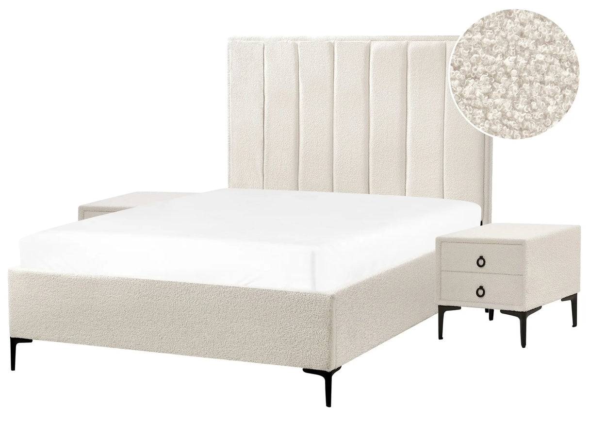 Bedroom Set Off-White Boucle EU Double Size 4ft6 Bed with Storage 2 Bedside Tables Upholstered Beliani