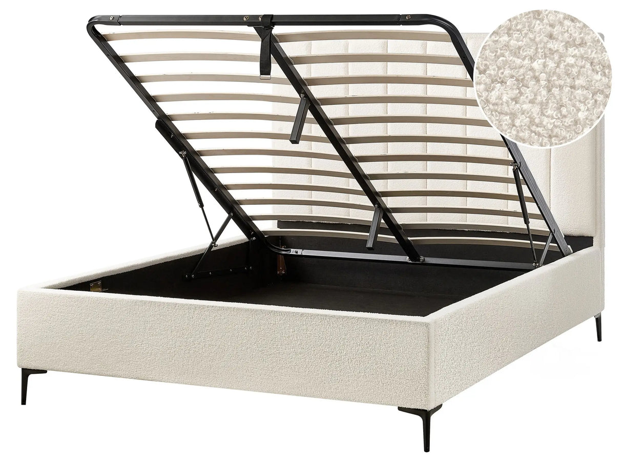 Bed Frame Off-White Boucle EU King Size 5ft3 with Ottoman Storage Padded Headboard Black Metal Legs Beliani