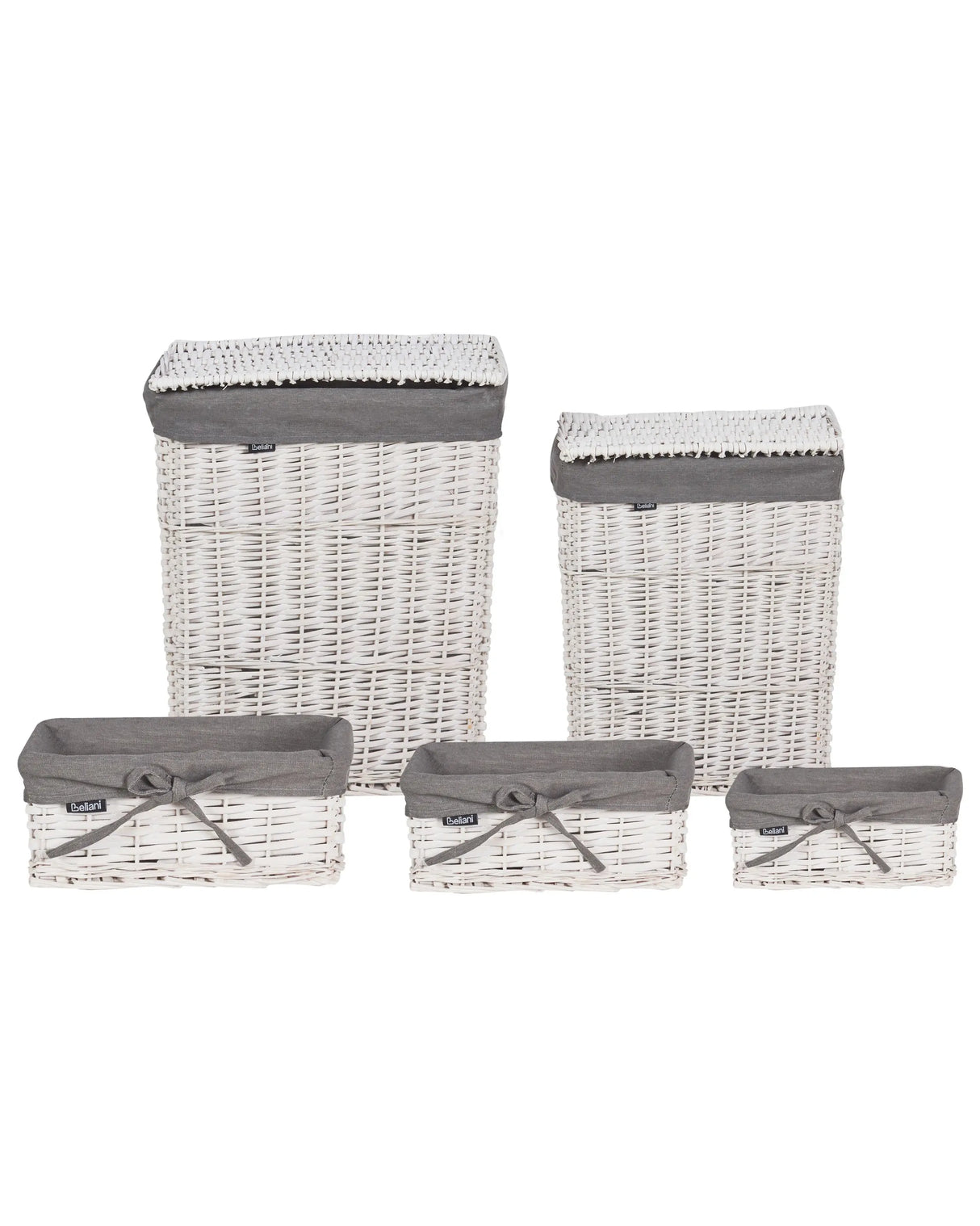 Set of 5 Baskets White Willow Laundry Storage Wicker Baskets with Grey Lining Beliani