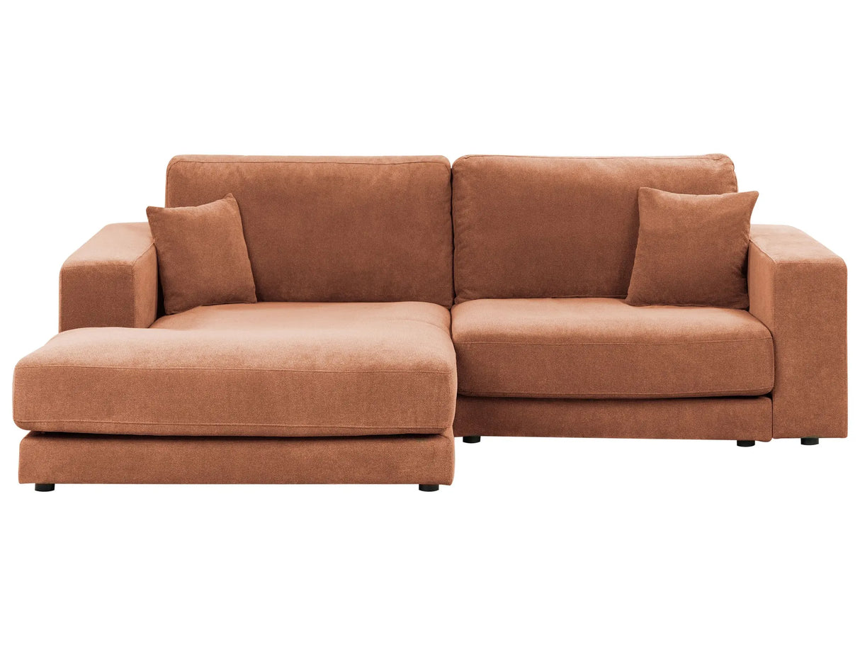Right Hand 3 Seater Corner Sofa Light Red Fabric Upholstered Track Armrests Additional Cushions Minimalistic Modern Style Beliani