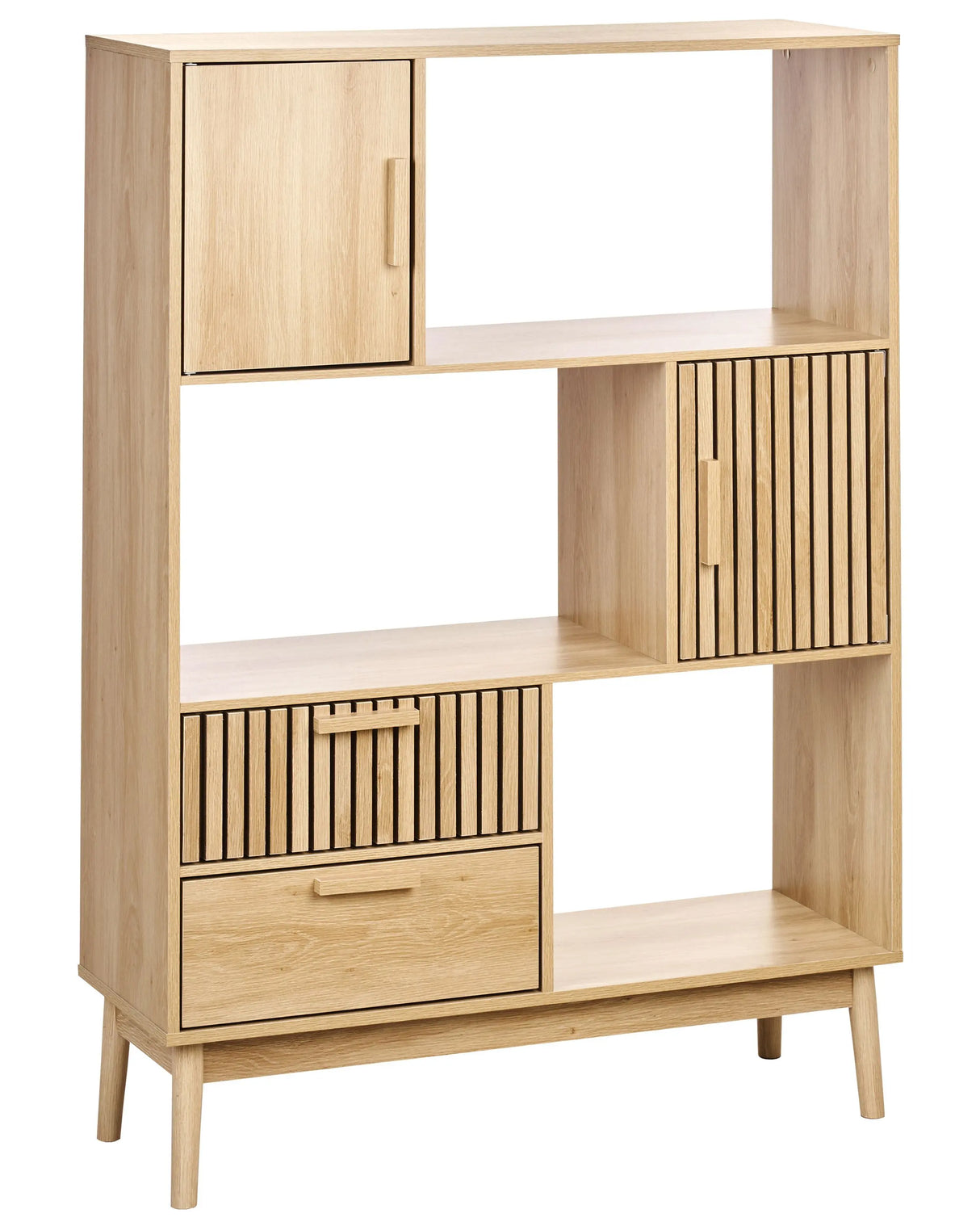 Bookcase Light Wood MDF Pine Wood Legs 100x35x140 cm 2 Drawers 2 Cabinets 3 Shelves Scandinavian Beliani