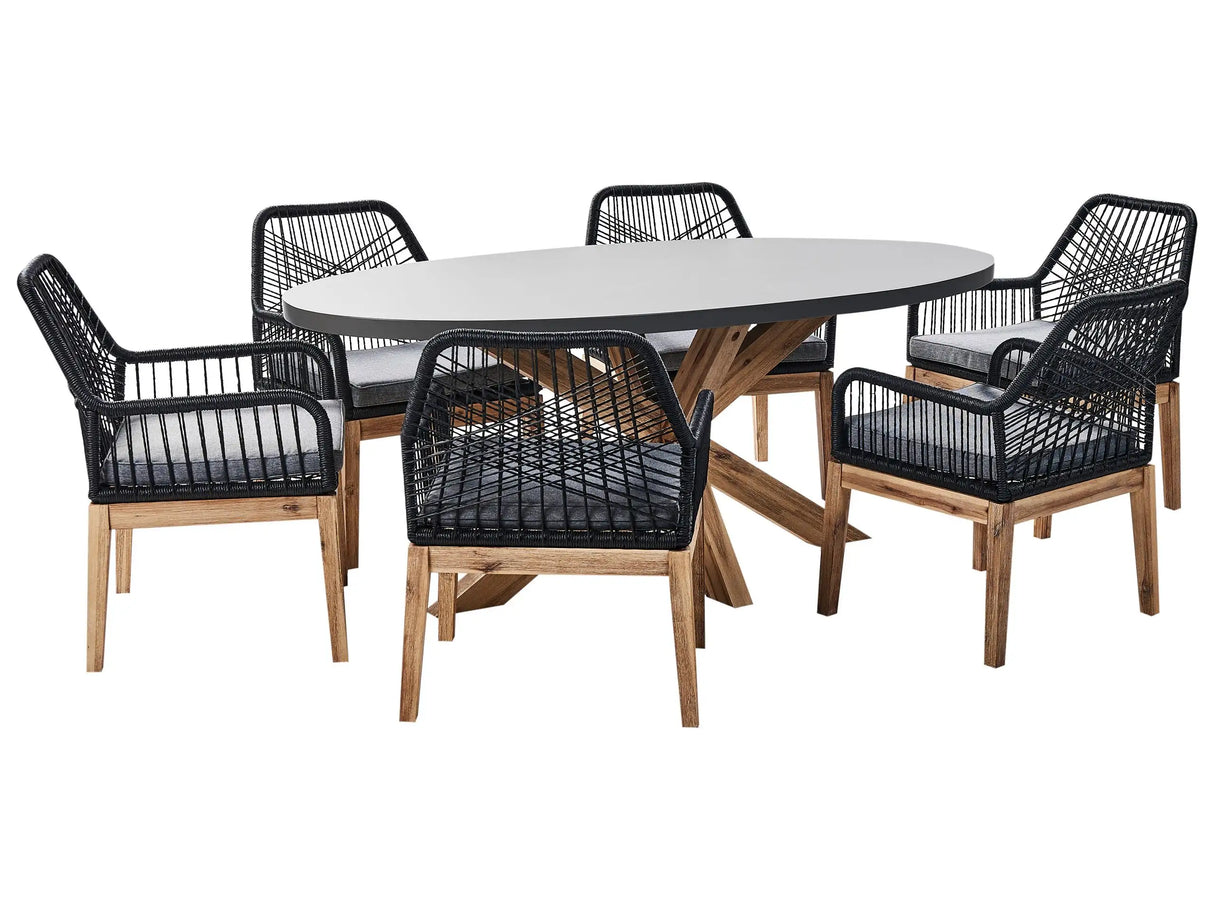 Garden Dining Set with 6 Chairs Grey and Black Light Wood Concrete Acacia Wood 190 x 100 cm Garden Furniture Beliani
