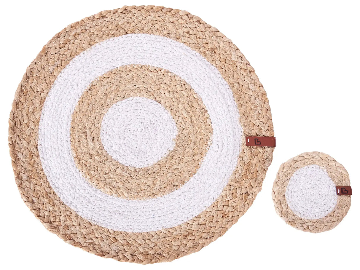 Set of 12 Placemats and Coasters Natural Jute and Cotton 35/10 cm Handmade Boho Style Home Decor Dining Room Kitchen Beliani