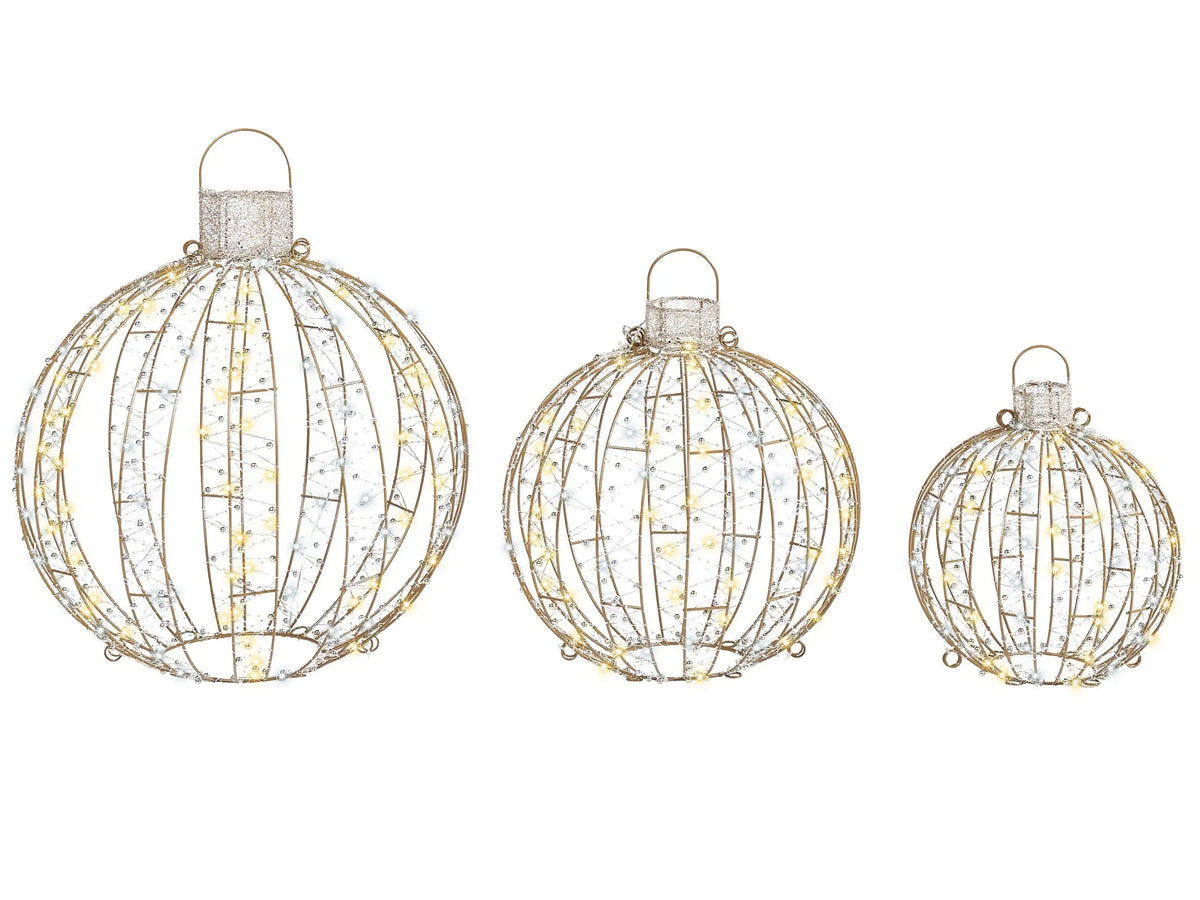 Outdoor LED Decoration Gold Metal Set of 3 Baubles Seasonal Garden Home Dcor with Lights Beliani