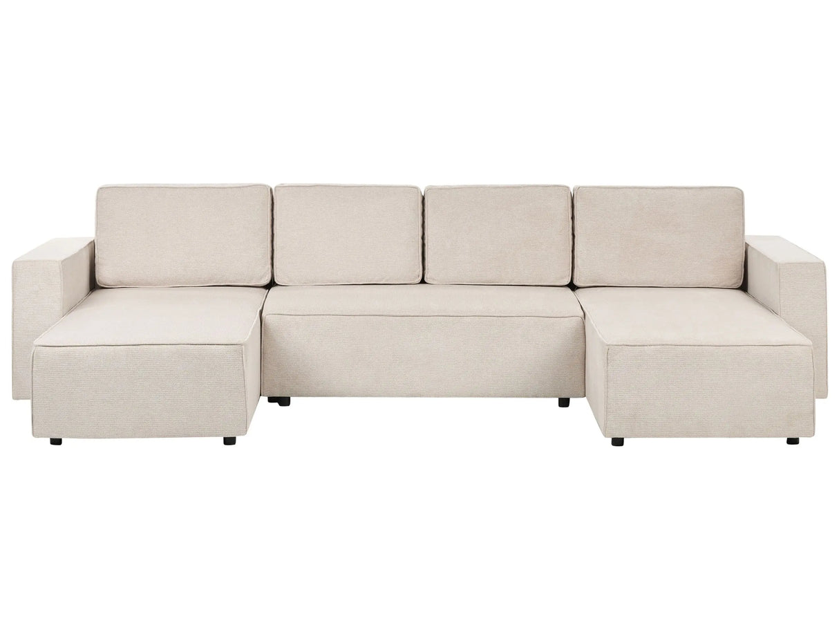 4 Seater U-Shaped Sofa Light Beige Polyester Fabric Upholstery Sleeping Function Storage Beliani
