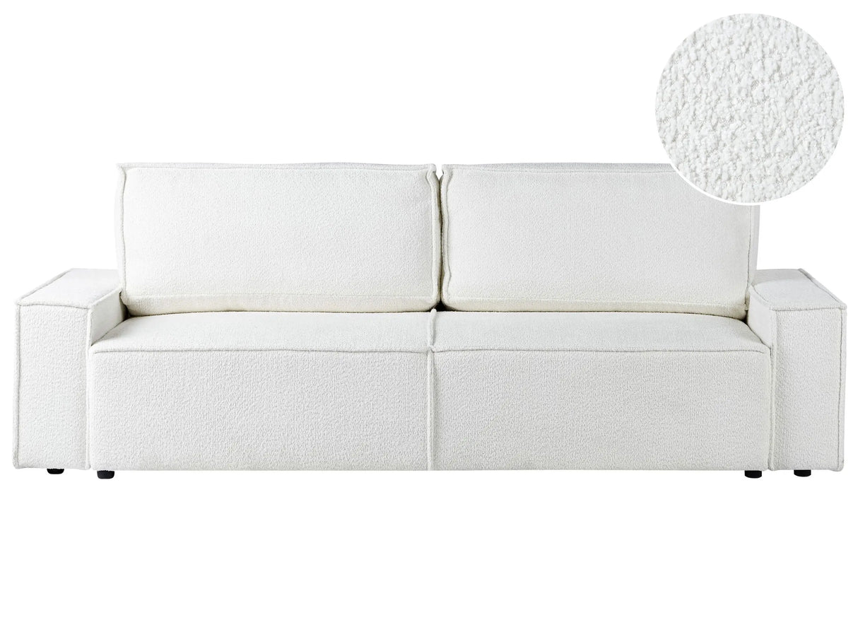 Sofa Bed Off-White Boucle Fabric Upholstered Sleeper Function with Storage Modern Living Room Beliani