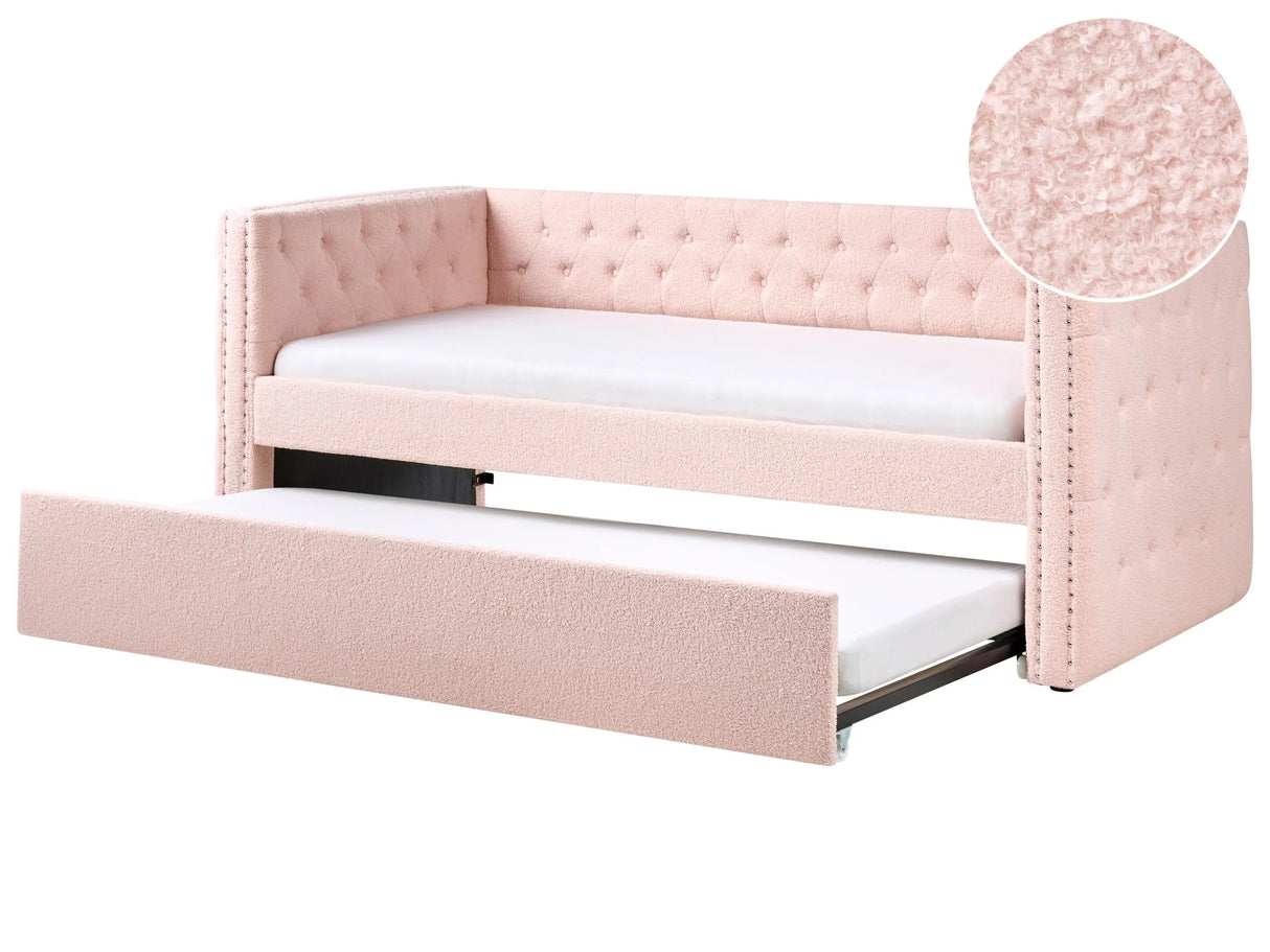 Trundle Bed Frame Pink EU Boucle Single Size 3ft Slatted Frame Buttoned Nailhead Trims Glam Beliani