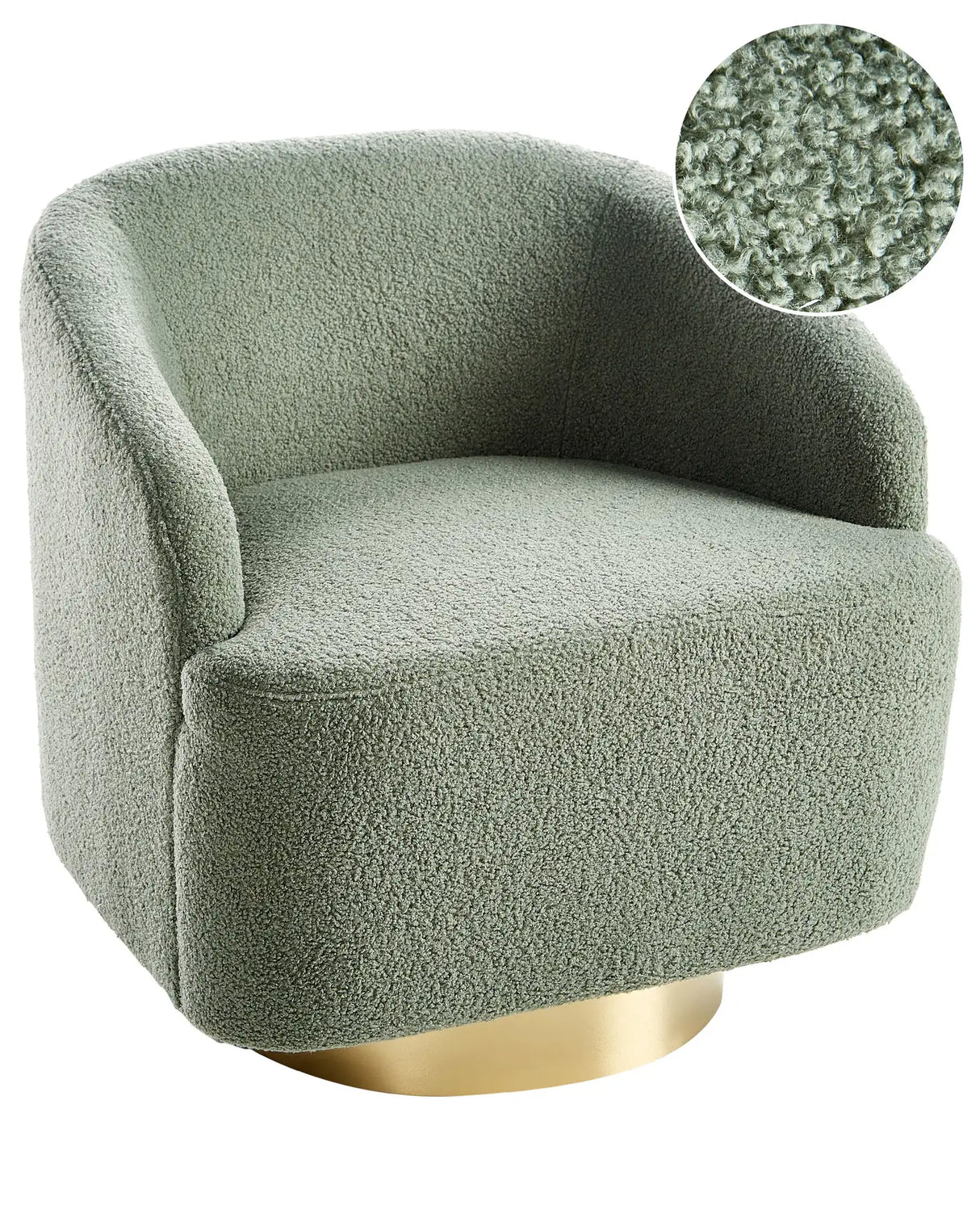 Armchair Light Green Boucle Fabric Soft Nubby Gold Base Swivel 360 Retro Glam Art Decor Style Beliani