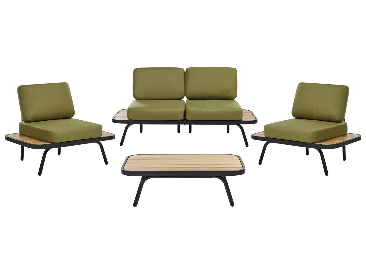 4 Piece Garden Set Olive Green Certified Acacia Wood Aluminium Frame Cushions Chairs Bench Coffee Table 4 Seater Beliani