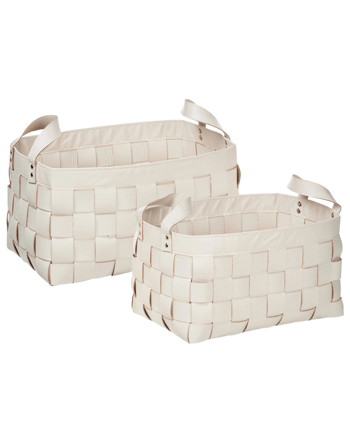 Set of 2 Storage Baskets Beige Faux Leather Handmade with Handles Shelving Box Retro Design Beliani