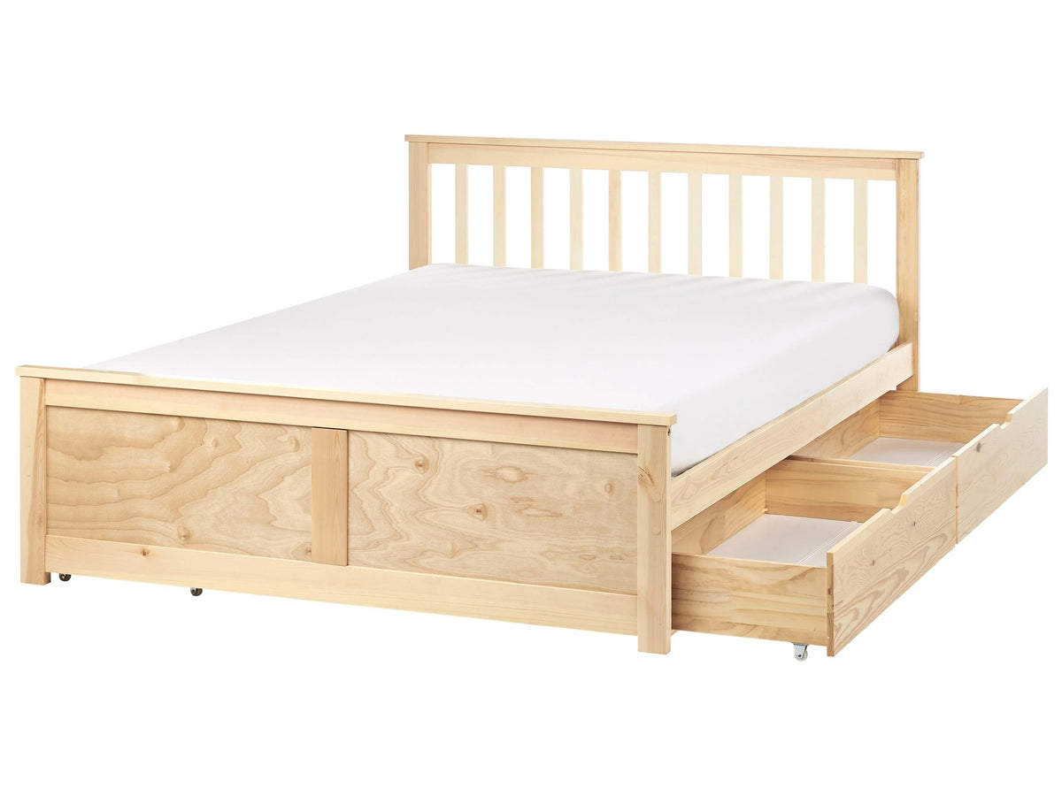 Bed Frame Light Brown Pine Wood MDF Storage Set of 2 Drawers EU Double Size 4ft6 Headboard Minimalist Beliani