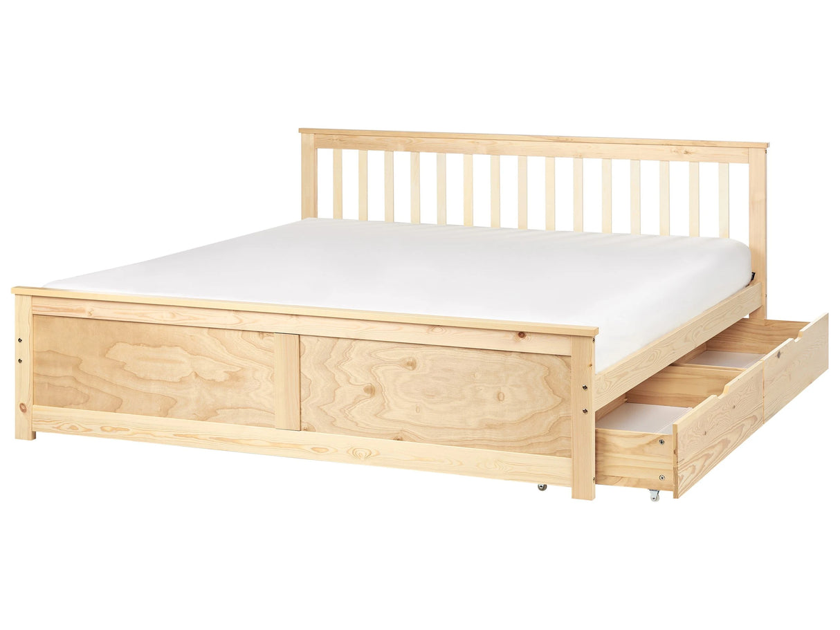 Bed Frame Light Brown Pine Wood MDF Storage Set of 2 Drawers EU Super King Size 6ft Headboard Minimalist Beliani