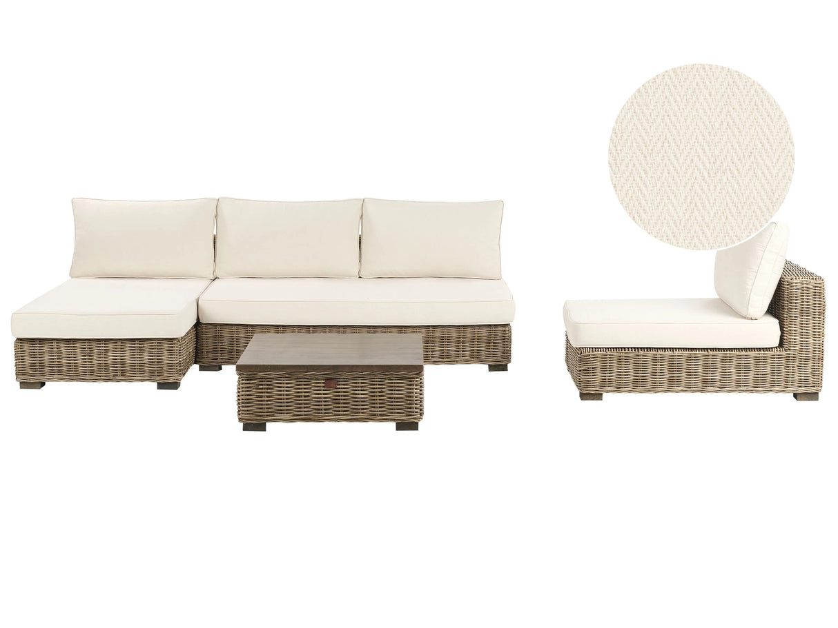 Right Hand Garden Conversation Set Grey Wicker Rattan Wood Mahogany White Cushions Indoor Outdoor Sofa Set with Coffee Table Beliani