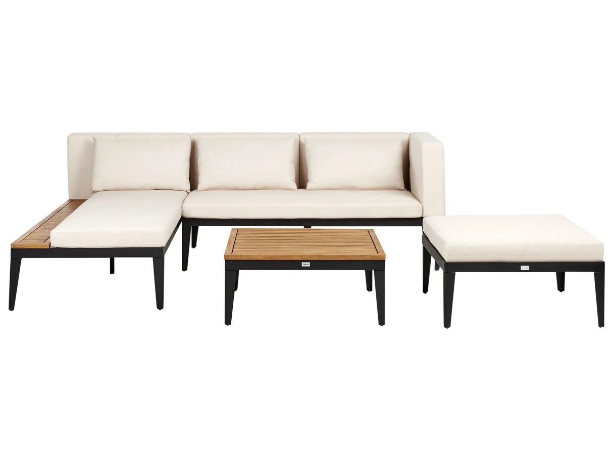 Right Hand 3 Seater Garden Corner Sofa Set with Ottoman Light Certified Acacia Wood Light Beige Cushions with Coffee Table Beliani