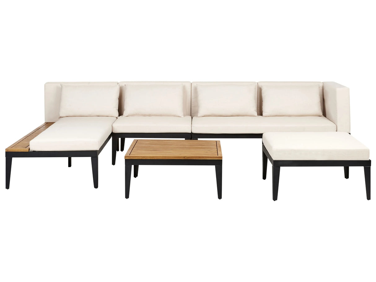 Right Hand 4 Seater Garden Corner Sofa Set with Ottoman Light Certified Acacia Wood Light Beige Cushions with Coffee Table Beliani