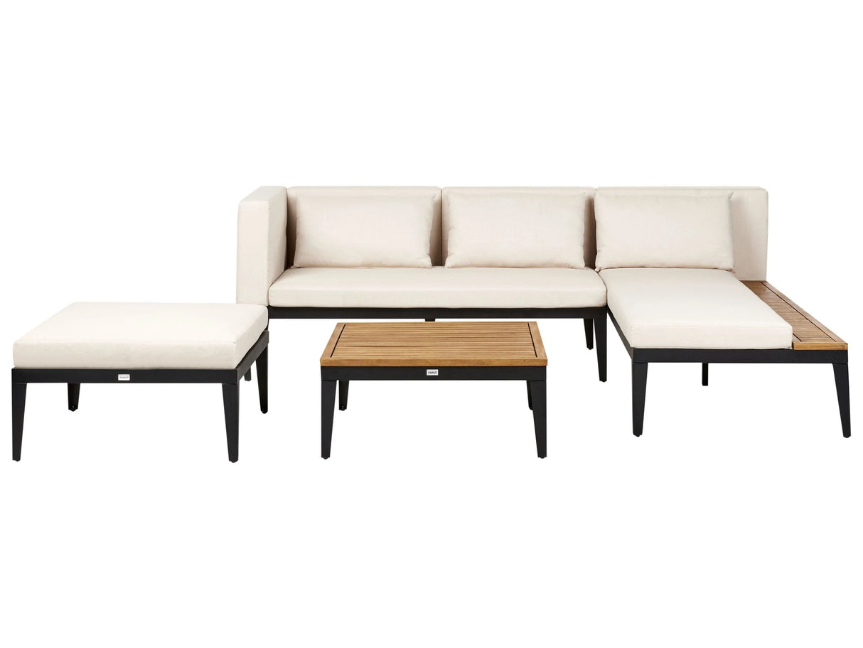 Left Hand 3 Seater Garden Corner Sofa Set with Ottoman Light Certified Acacia Wood Light Beige Cushions with Coffee Table Beliani