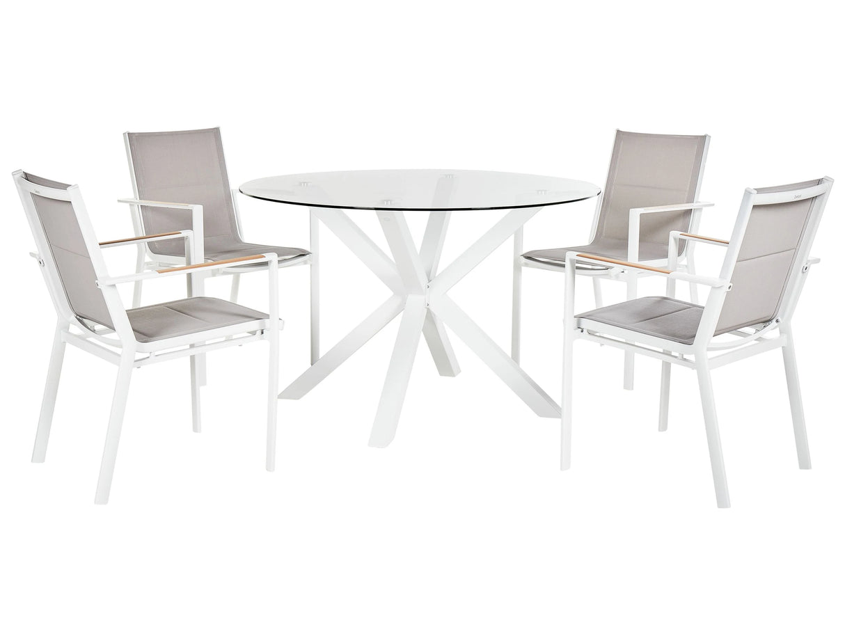 4 Seater Garden Dining Set White Aluminium Round Table with Transparent Glass Top Slatted Chairs Modern Design Beliani