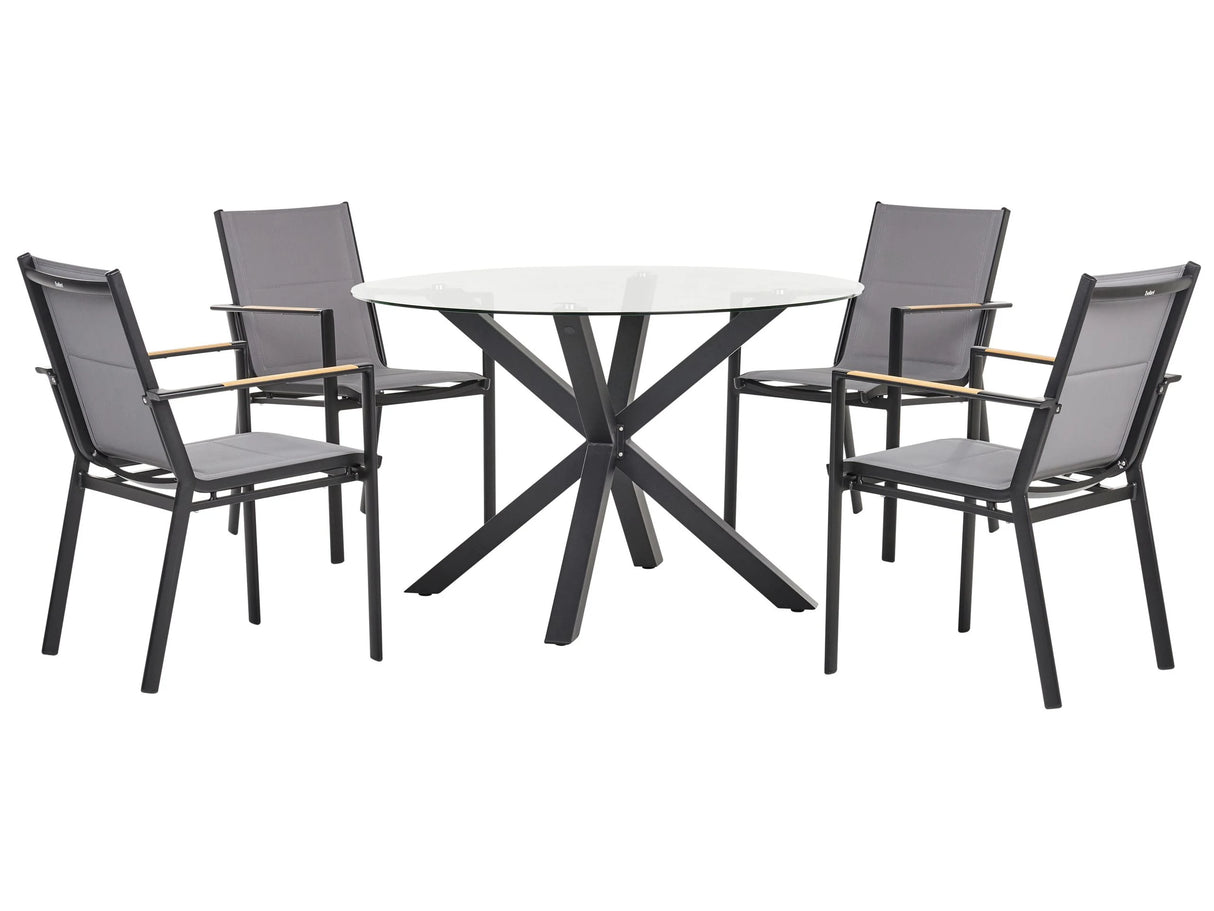 4-sits Matgrupp fr Trdgrd Vit Aluminium Runt Bord med Transparent Glasskiva Lamellstolar Modern Design Beliani