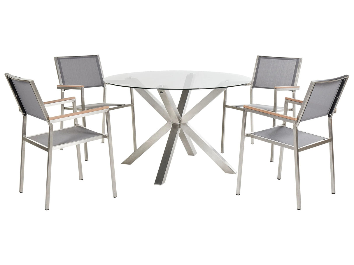 Garden Dining Set Silver Stainless Steel Transparent Glass Table Top 4 Seater Outdoor Furniture Modern Beliani