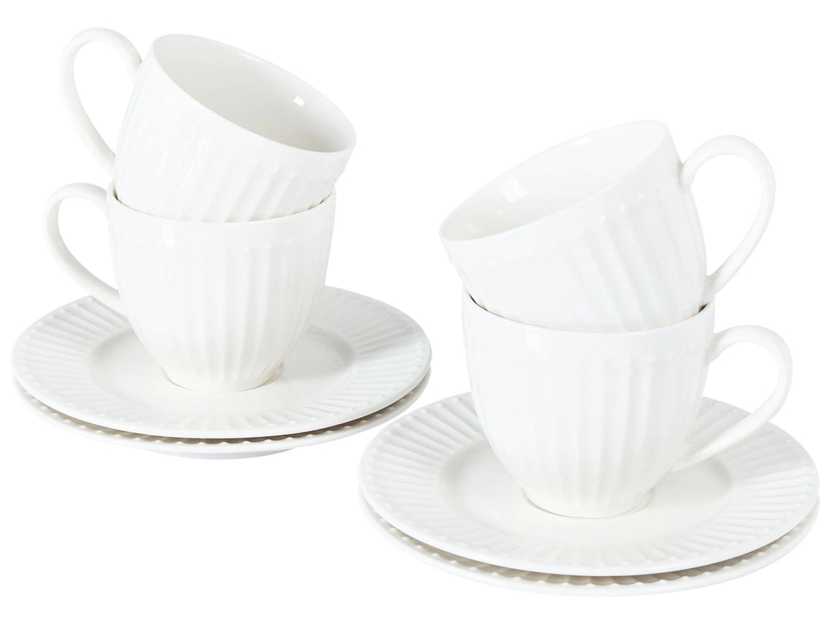 Set of 4 Cups with Saucers White Porcelain Kaolin Handmade Glossy Finish Service for 4 People Tea Coffee Kitchen Dining Room Beliani