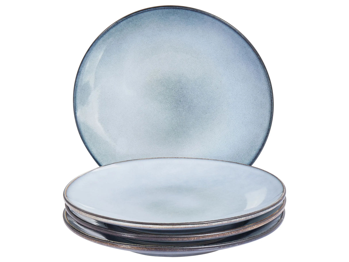Set of 4 Dinner Plates Light Blue Stoneware Kaolin Handmade Reactive Glaze Finish Dessert Plate Kitchen Dining Room Beliani