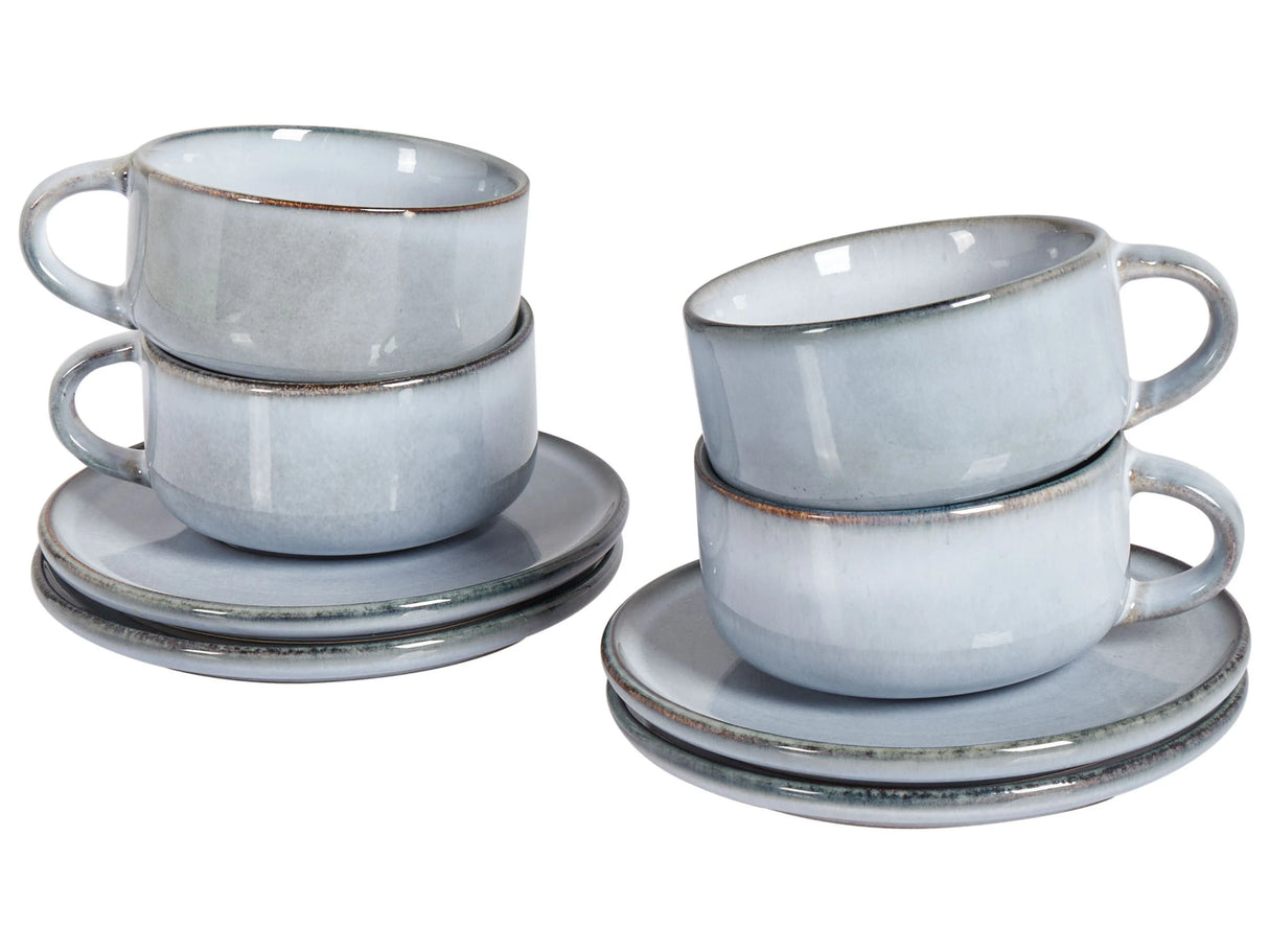Set of 4 Cups with Saucers Light Blue Stoneware Kaolin Handmade Reactive Glaze Finish Service for 4 People Tea Coffee Kitchen Dining Room Beliani