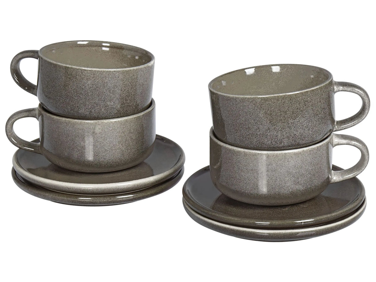 Set of 4 Cups with Saucers Grey Stoneware Kaolin Handmade Reactive Glaze Finish Service for 4 People Tea Coffee Kitchen Dining Room Beliani