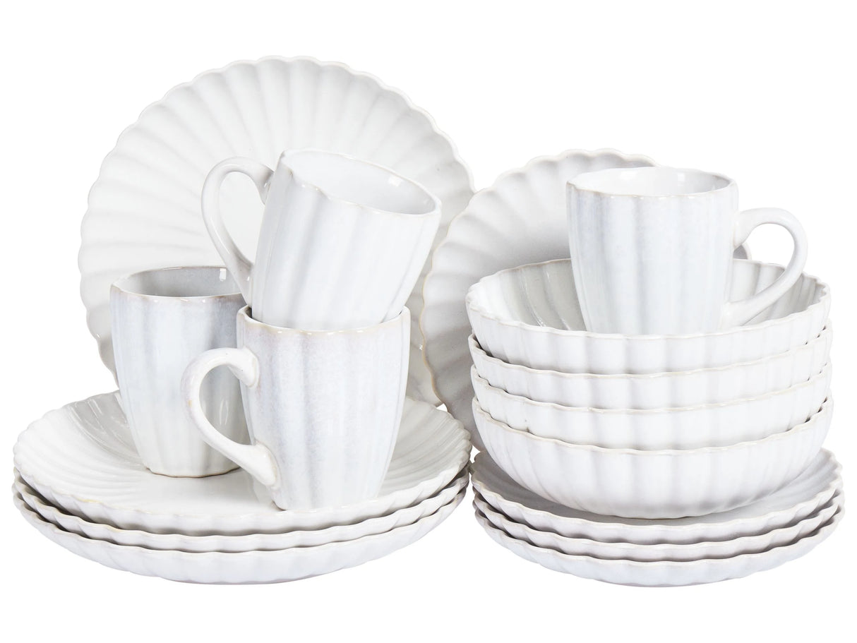 Set of 16 Pieces Off-White Stoneware Kaolin Handmade Reactive Glaze Finish Service for 4 People Hammer Effect Kitchen Dining Room Beliani