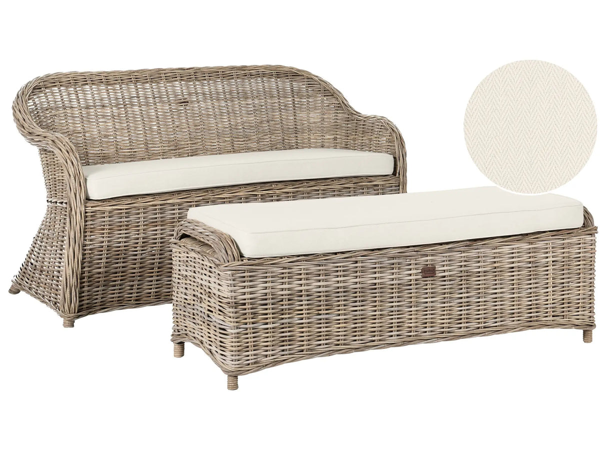 Garden Bench 150 cm with Ottoman Natural Rattan White Off-White Cushions Outdoor Indoor Boho Style Garden Patio Balcony Beliani