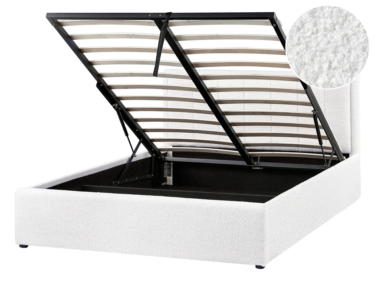 Ottoman Bed White Boucle EU Double Size 4ft6 Upholstered Frame Teddy with Headboard Beliani