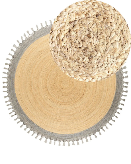 Area Rug Beige and Grey Round 200 cm Boho Rustic Spiral Braided Plaited Handmade Natural Jute Bedroom Living Room Beliani