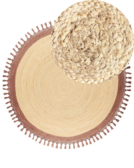 Area Rug Beige and Brown Round 200 cm Boho Rustic Spiral Braided Plaited Handmade Natural Jute Bedroom Living Room Beliani