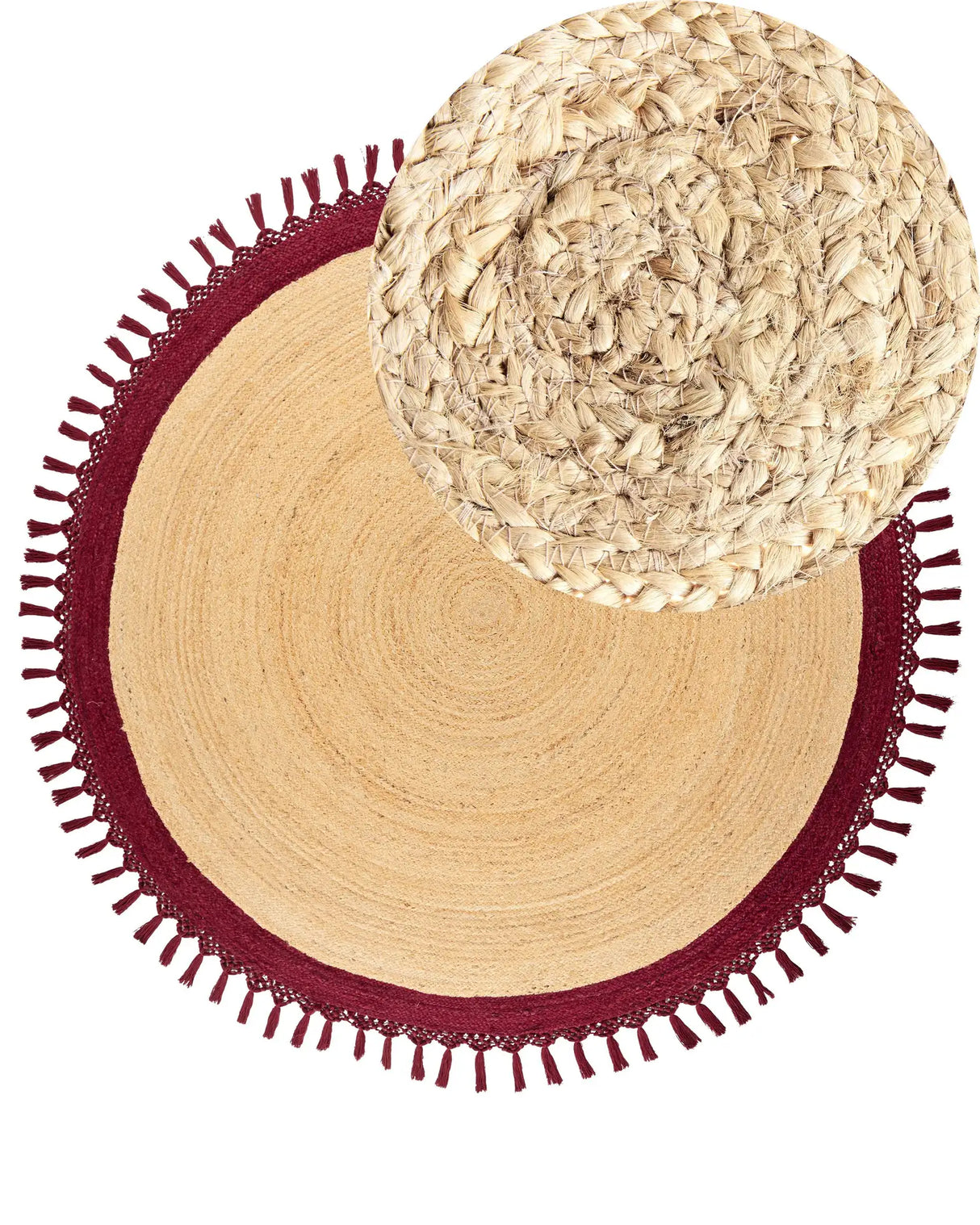 Area Rug Beige and Red Round 200 cm Boho Rustic Spiral Braided Plaited Handmade Natural Jute Bedroom Living Room Beliani