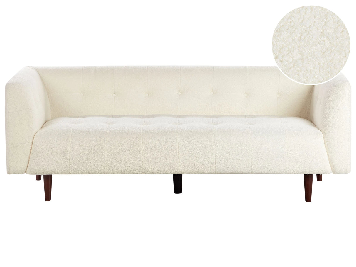 Sofa Off-White Fabric Boucle Upholstery Wooden Legs 3 Seater Buttoned Couch Upholstery Rubberwood Legs Beliani
