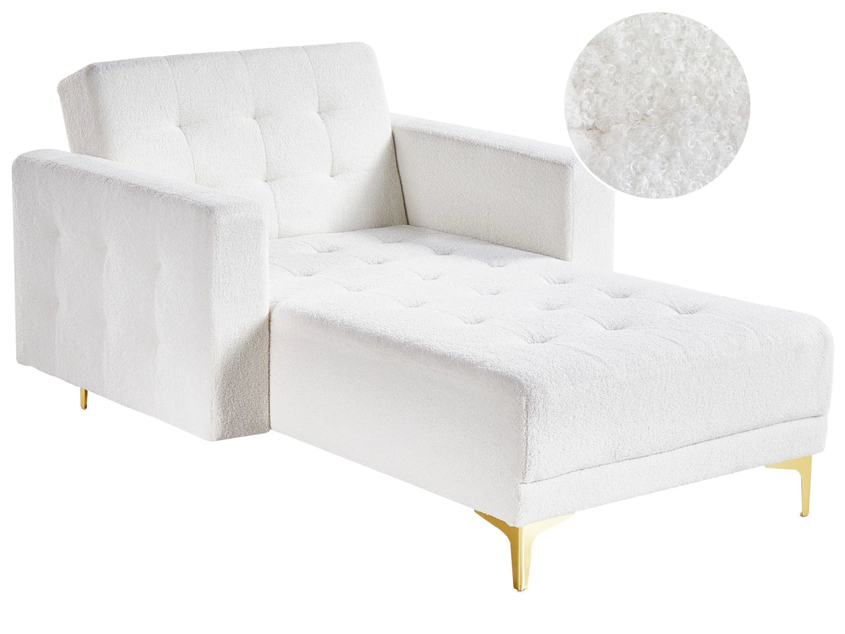 Modern Chaise Longue Off-White Boucle Fabric Gold Legs Reclining Quilted Daybed Living Room Beliani