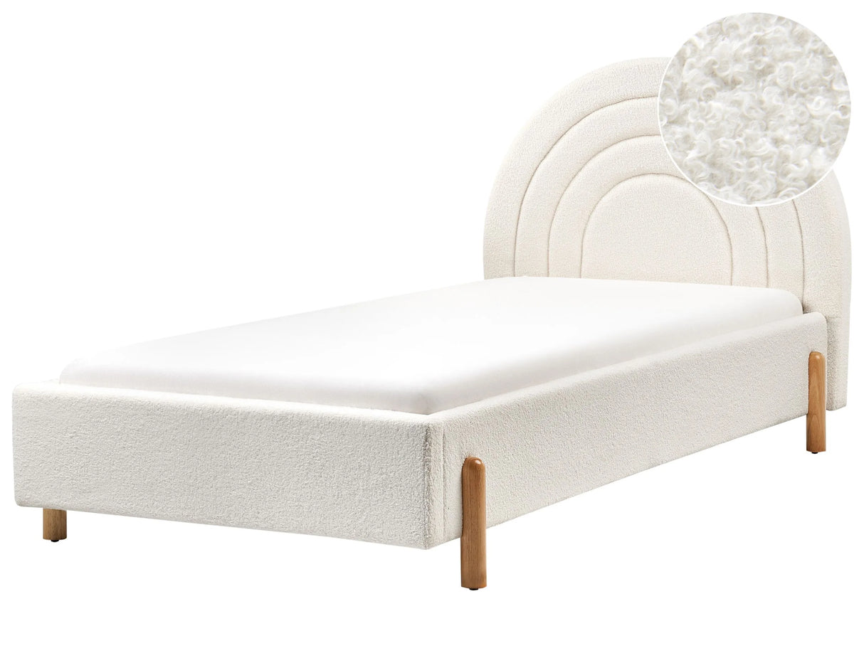 Bed Off-White Boucle EU Single Size 3ft Slatted Base Wooden Legs Minimalist Retro Design Half-Round Headboard Beliani